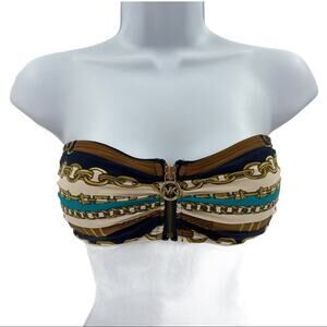 MICHAEL Michael Kors Women's Striped Chain Zip Front Bandeau Bikini Top Size S